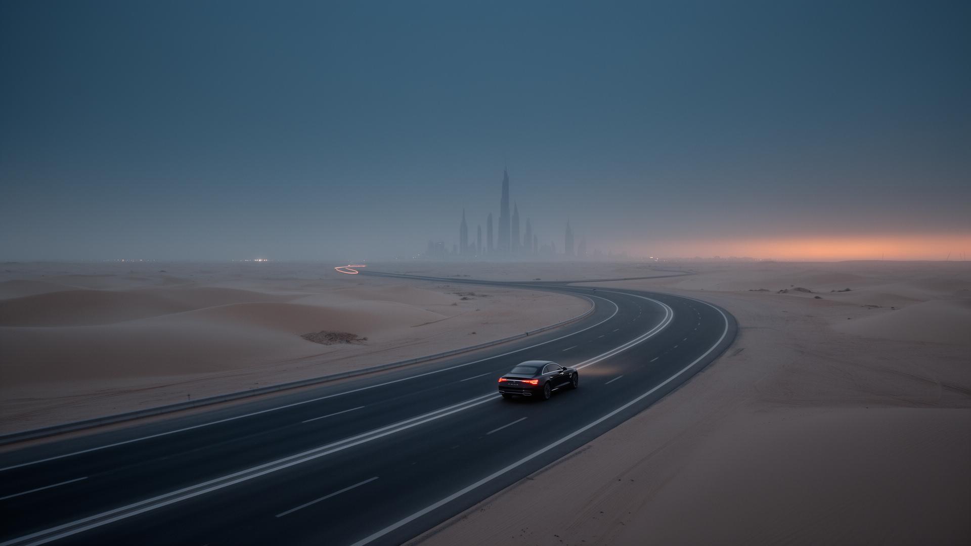 Luxury vehicle on UAE desert highway at golden hour